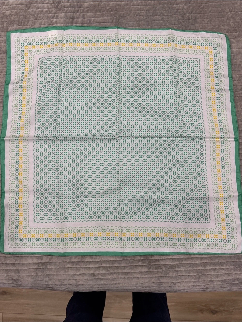 Green & White Floral Pattern Silk Scarf